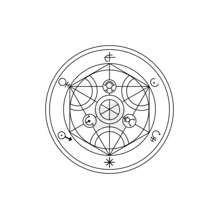 Ilustración de Círculo alquimista dibujado a mano. Magia y símbolos y signos místicos. Vector círculo alquimista. Ilustración vectorial - Imagen libre de derechos
