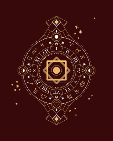 Photo for Alchemical golden basic symbol with moon phases on dark-red background. Zodiac horoscope signs vector illustrations. Magic circle ring. Coloring Astrology vector illustrations. - Royalty Free Image