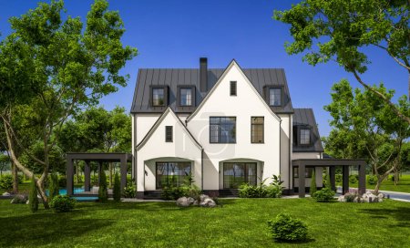 3D-Rendering von niedlichen gemütlichen weißen und schwarzen modernen Tudor-Stil Haus mit Parkplatz und Pool zum Verkauf oder zur Miete mit schönen Landschaftsgestaltung. Feendächer. Heiter sonniger Sommertag mit blauem Himmel.