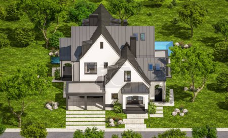 Photo for 3d rendering of cute cozy white and black modern Tudor style house with parking  and pool for sale or rent with beautiful landscaping. Fairy roofs. Clear sunny summer day with blue sky. - Royalty Free Image