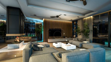 Photo for 3d rendering of modern cozy interior with living,dining zone stair and kitchen for sale or rent with wood plank by the sea in night. Warm interior lighting combined with cold light from night street - Royalty Free Image