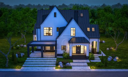 3D-Rendering von niedlichen gemütlichen weißen und schwarzen modernen Tudor-Stil Haus mit Parkplatz und Pool zum Verkauf oder zur Miete mit schönen Landschaftsgestaltung. Feendächer. Klare Sommernacht mit vielen Sternen am Himmel.