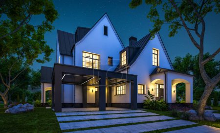 3D-Rendering von niedlichen gemütlichen weißen und schwarzen modernen Tudor-Stil Haus mit Parkplatz und Pool zum Verkauf oder zur Miete mit schönen Landschaftsgestaltung. Feendächer. Klare Sommernacht mit vielen Sternen am Himmel.