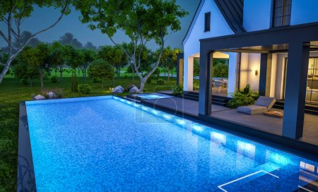 Photo for 3d rendering of cute cozy white and black modern Tudor style house with parking  and pool for sale or rent with beautiful landscaping. Fairy roofs. Clear summer night with many stars on the sky. - Royalty Free Image