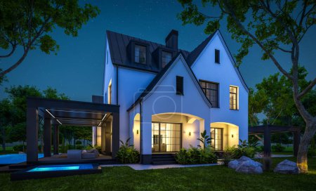 3d rendering of cute cozy white and black modern Tudor style house with parking  and pool for sale or rent with beautiful landscaping. Fairy roofs. Clear summer night with many stars on the sky.