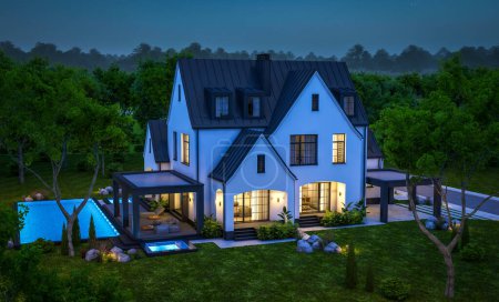 Photo for 3d rendering of cute cozy white and black modern Tudor style house with parking  and pool for sale or rent with beautiful landscaping. Fairy roofs. Clear summer night with many stars on the sky. - Royalty Free Image