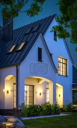 3d representación de lindo acogedor blanco y negro moderno estilo Tudor casa con aparcamiento y piscina en venta o alquiler con hermosos jardines. Cubiertas de hadas. Noche de verano clara con muchas estrellas en el cielo.