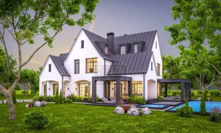 Photo for 3d rendering of cute cozy white and black modern Tudor style house with parking  and pool for sale or rent with beautiful landscaping. Fairy roofs. Clear summer evening with cozy light from window - Royalty Free Image
