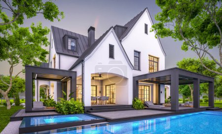 3d rendering of cute cozy white and black modern Tudor style house with parking  and pool for sale or rent with beautiful landscaping. Fairy roofs. Clear summer evening with cozy light from window