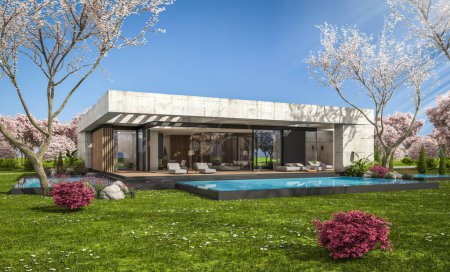 Téléchargez les photos : 3d rendering of new concrete house in modern style with pool and parking for sale or rent and beautiful landscaping on background. Fresh spring day with a blooming trees with flowers of sakura. - en image libre de droit