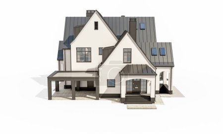 Téléchargez les photos : 3d rendu de mignon confortable maison de style Tudor moderne blanc et noir avec parking et piscine à vendre ou à louer avec un bel aménagement paysager. Toits de fées. Isolé sur blanc - en image libre de droit
