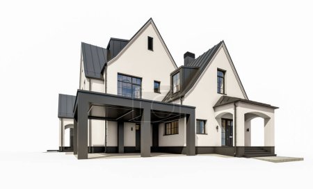 3d representación de lindo acogedor blanco y negro moderno estilo Tudor casa con aparcamiento y piscina en venta o alquiler con hermosos jardines. Cubiertas de hadas. Aislado sobre blanco