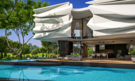 Foto de 3d representación de linda casa acogedora moderna con curvas naturales biónicas formas de plástico con aparcamiento y piscina en venta o alquiler con hermoso paisaje. Día de verano claro y soleado con cielo azul - Imagen libre de derechos
