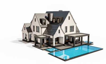 Foto de 3d representación de lindo acogedor blanco y negro moderno estilo Tudor casa con aparcamiento y piscina en venta o alquiler con hermosos jardines. Cubiertas de hadas. Aislado sobre blanco - Imagen libre de derechos