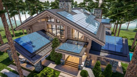3d rendering of installation Solar panels on the roof of modern cozy chalet with pool and parking for sale or rent. Beautiful forest mountains on background