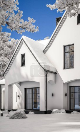 3D-Rendering von niedlichen gemütlichen weißen und schwarzen modernen Tudor-Stil Haus mit Parkplatz und Pool zum Verkauf oder zur Miete mit schönen Landschaftsgestaltung. Feendächer. Kühler Wintertag mit strahlend weißem Schnee.