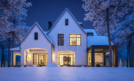 3d rendering of cute cozy white and black modern Tudor style house with parking  and pool for sale or rent with beautiful landscaping. Fairy roofs. Cool winter night with stars in sky.