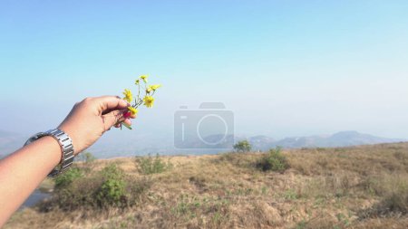 Foto de Mujer mano sosteniendo una flor en las montañas - Imagen libre de derechos