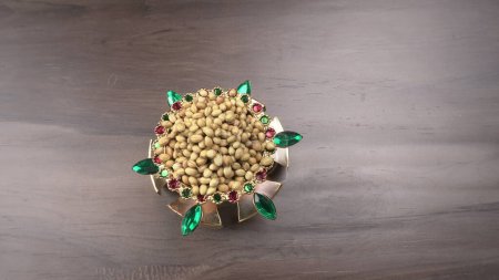 Photo for Decorated bowl of Coriander seeds for coriander powder, Indian Spices and herbs. - Royalty Free Image