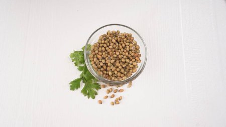 Téléchargez les photos : Bol et cuillère de graines de coriandre pour poudre de coriandre, épices indiennes et herbes. - en image libre de droit
