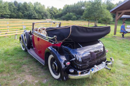 Téléchargez les photos : Mercedes Typ 230 W 143 Cabrio C 1937 après restauration complète, vue de l'angle arrière latéral à Mercedes Benz Car Meet à Snina, Slovaquie - en image libre de droit