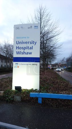 Entrance welcome sign to the NHS University Hospital Wishaw