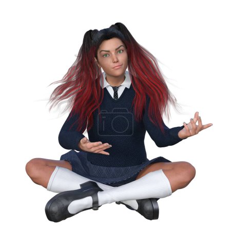 Téléchargez les photos : Rendu 3D, Illustration, adolescente sorcière avec de longs cheveux rouges uniforme scolaire bleu pose magique assise - en image libre de droit