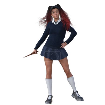 Téléchargez les photos : Rendu 3D, Illustration, adolescente sorcière avec de longs cheveux rouges uniforme scolaire bleu baguette magique debout - en image libre de droit
