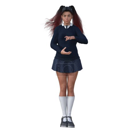 Téléchargez les photos : Rendu 3D, Illustration, adolescente sorcière avec de longs cheveux rouges uniforme scolaire bleu pose magique debout - en image libre de droit