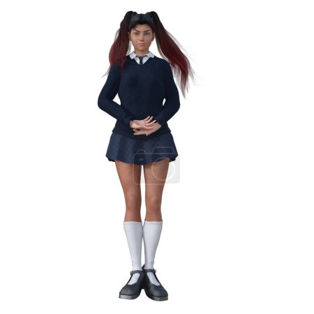 Téléchargez les photos : Rendu 3D, Illustration, adolescente sorcière avec de longs cheveux roux uniforme scolaire bleu debout, pose magique - en image libre de droit