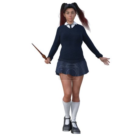 Téléchargez les photos : Rendu 3D, Illustration, adolescente sorcière avec de longs cheveux roux uniforme scolaire bleu debout, baguette magique - en image libre de droit