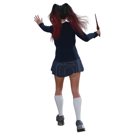 Téléchargez les photos : Rendu 3D, Illustration, adolescente sorcière avec de longs cheveux roux uniforme scolaire bleu debout de l'arrière, baguette magique - en image libre de droit