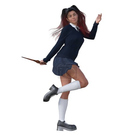 Téléchargez les photos : Rendu 3D, Illustration, adolescente sorcière avec de longs cheveux roux uniforme scolaire bleu debout avec genou levé, baguette magique - en image libre de droit