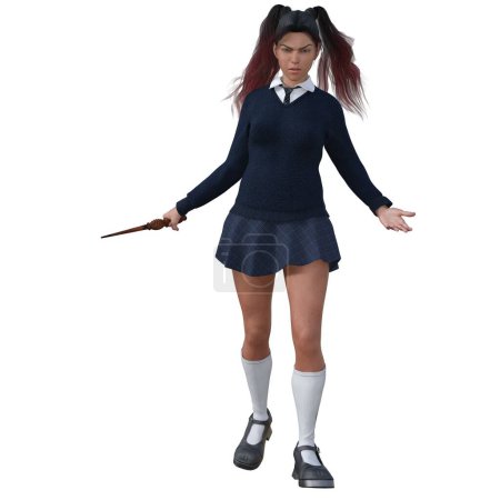 Téléchargez les photos : Rendu 3D, Illustration, adolescente sorcière avec de longs cheveux roux uniforme scolaire bleu debout, baguette magique - en image libre de droit