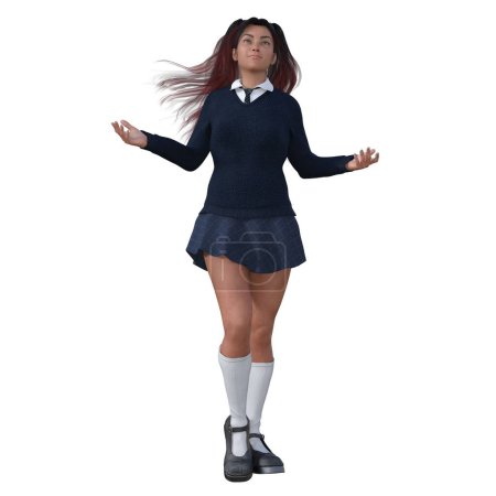Téléchargez les photos : Rendu 3D, Illustration, adolescente sorcière avec de longs cheveux roux uniforme scolaire bleu debout regardant vers le haut - en image libre de droit