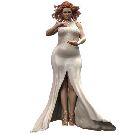 Photo for 3D render, Illustration, lady, cream evening gown, auburn hair, bob, plus sized, green eyes, strappy heels, standing - Royalty Free Image