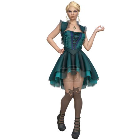 3D render, illustration, Blonde female character in green fairytale outfit