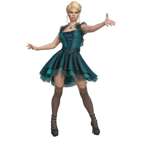 Photo for 3D render, illustration, Blonde female character in green fairytale outfit - Royalty Free Image