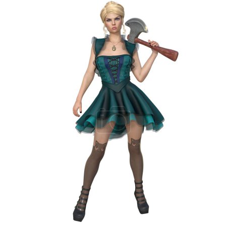 3D render, illustration, Blonde female character in green fairytale outfit