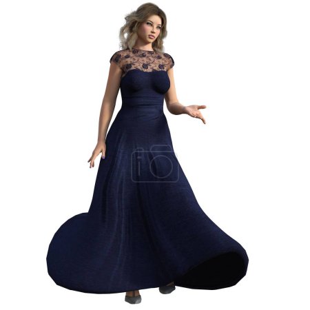 Foto de CG, 3D render, ilustración, mujer rubia caucásica en vestido de noche azul, - Imagen libre de derechos