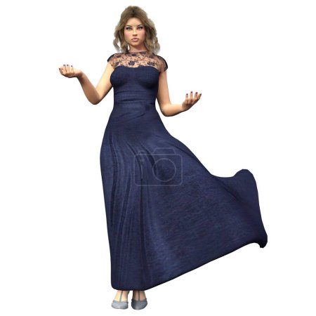 CG, 3D render, illustration, blonde caucasian female in blue evening gown dress,