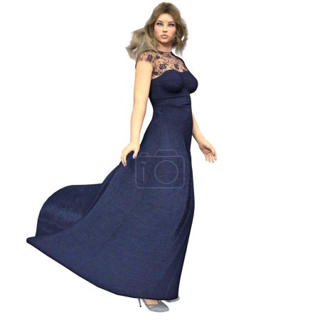 Foto de CG, 3D render, ilustración, mujer rubia caucásica en vestido de noche azul, - Imagen libre de derechos