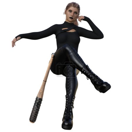 Téléchargez les photos : Rendu 3D, illustration, fantaisie urbaine femelle habillée en noir - en image libre de droit