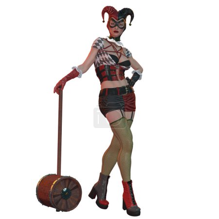Photo for 3D render, illustration, fantasy female harlequin jester with large hammer - Royalty Free Image