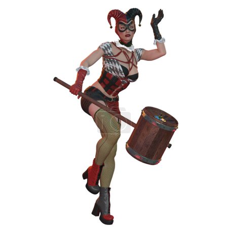 Photo for 3D render, illustration, fantasy female harlequin jester with large hammer - Royalty Free Image