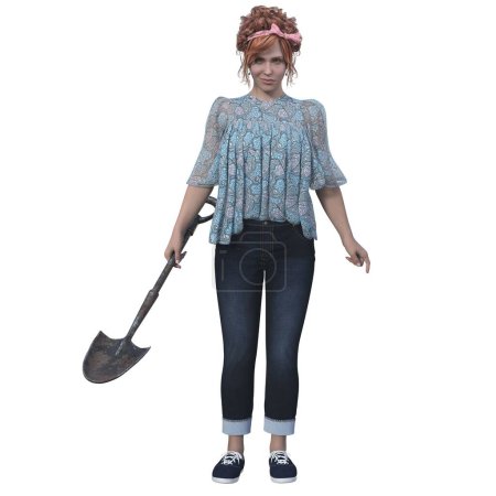 Foto de Representación 3D, ilustración, mujer acogedora con pala - Imagen libre de derechos