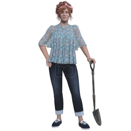 Foto de Representación 3D, ilustración, mujer acogedora con pala - Imagen libre de derechos