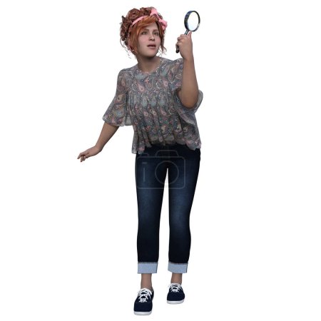 Foto de Representación 3D, ilustración, mujer de estilo casual con cabello rojo y lupa - Imagen libre de derechos