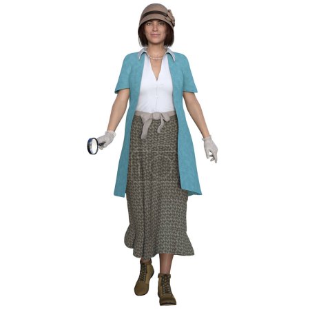 3D render, illustration, casual style woman with hat and magnifier