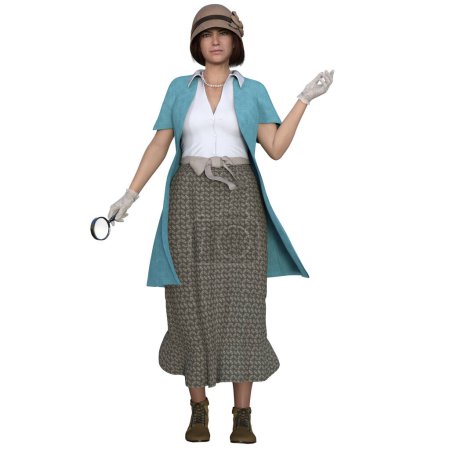 3D-Render, Illustration, lässige Frau mit Hut und Lupe